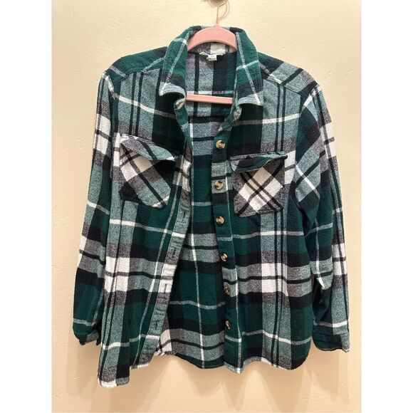 Beach Lunch Lounge Green and White Flannel Shacket Size Small - Picture 1 of 4